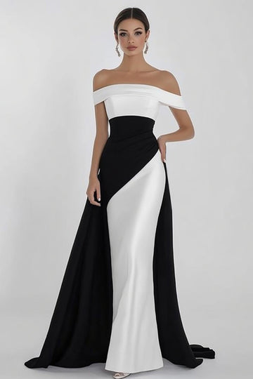 Robe longue formelle noire et blanche à épaules dénudées